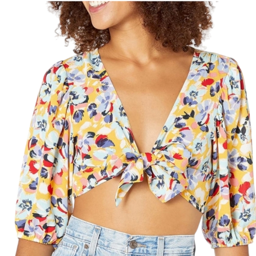 BCBGeneration Woven Tie Front Crop Top Floral Short Sleeve V-neck Sz Smalll NWT